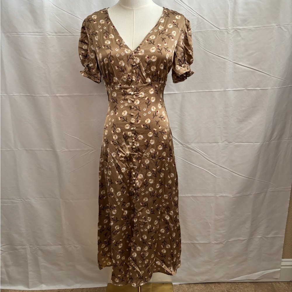 Eight Paris Brown Floral Satin Midi Dress Small | 90s‎ Y2K Button Front